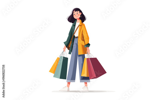 Young asian female shopping with bags in stylish outfit on white background