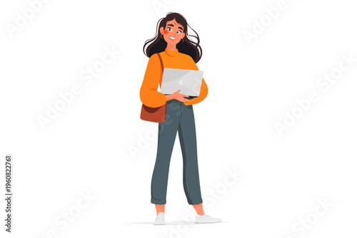 Young caucasian female holding laptop with casual attire and bag on white background