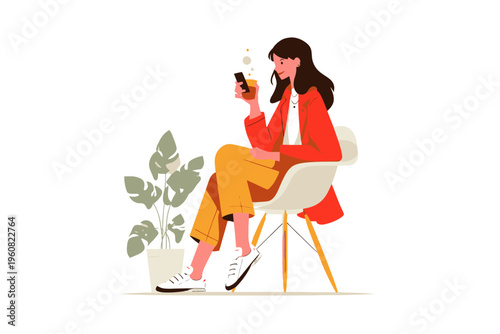 Young caucasian female relaxing with smartphone in modern chair