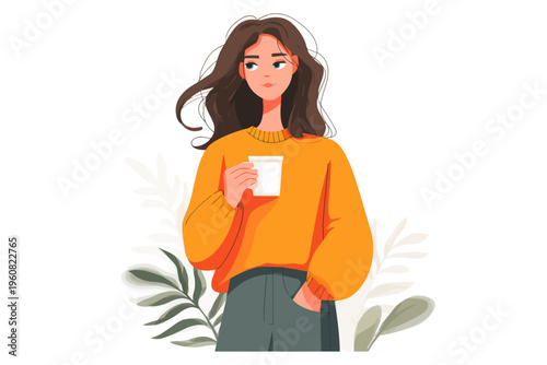 Young caucasian female holding coffee cup in casual outfit with leafy background illustration