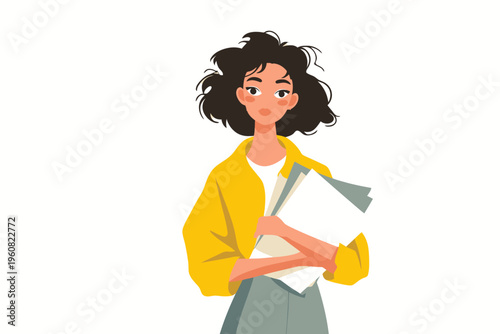 Young caucasian female with curly hair holding papers in yellow jacket illustration