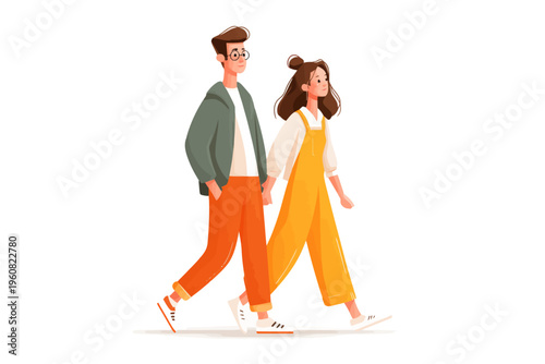 Young caucasian couple walking together in casual attire