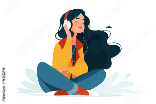 Young female listening to music with headphones, in relaxed mood