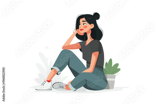Thoughtful young hispanic female sitting in casual outfit with plant