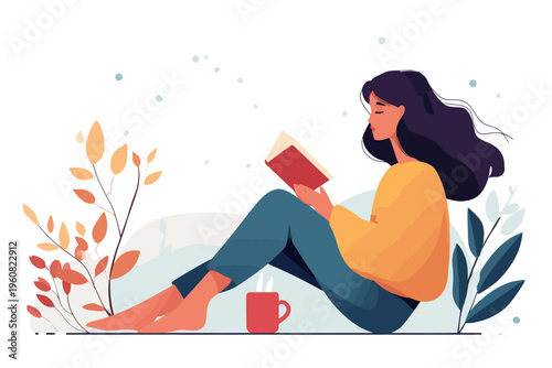 Young hispanic female relaxing with a book and coffee in a cozy setting