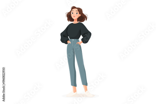 Young caucasian female in casual attire with confident pose on white background