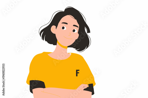Smiling female character with freckles in yellow t-shirt illustration