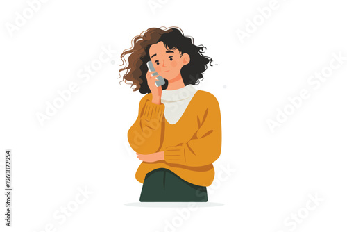 Young hispanic female talking on phone in casual attire illustration