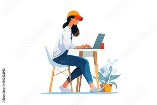 Young hispanic female working on laptop at home in casual attire