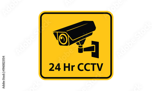 Surveillance camera icon with twenty four hour cctv text on yellow square background security sign