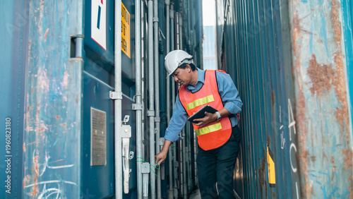 Shipping container cargo inspection worker safety logistics transport warehouse industrial supply chain Asian male shipping container cargo inspection worker safety logistics transport warehouse