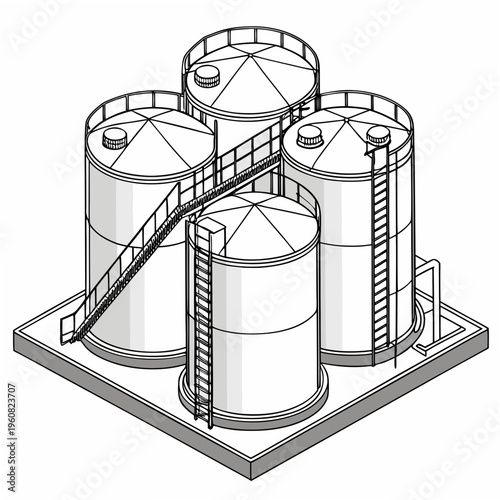 An isometric illustration of four large industrial storage tanks on a platform with stairs and railings