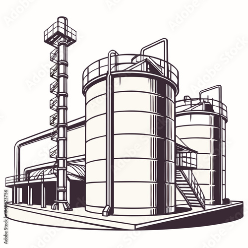 Industrial facility with large cylindrical storage tanks and spiral staircase