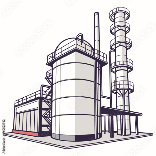 Industrial facility with large cylindrical storage tank and smokestack