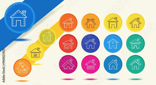 Colorful house icons in various designs.