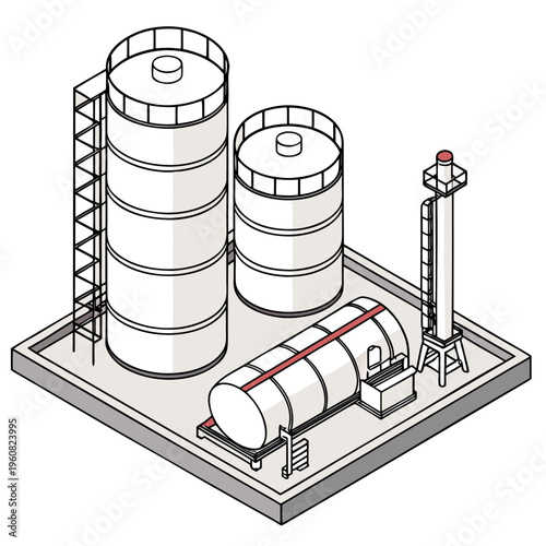 An industrial isometric illustration depicting large cylindrical storage tanks and a horizontal cylindrical tank on a concrete platform with a ladder and a tall structure with a red light on top
