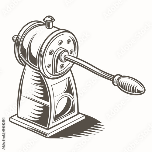 Vintage manual coffee grinder with handle on isolated for kitchen use