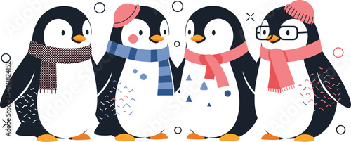 Cute penguin friends in winter clothing flat vector illustration adorable cartoon birds wearing scarves hats and glasses seasonal character design