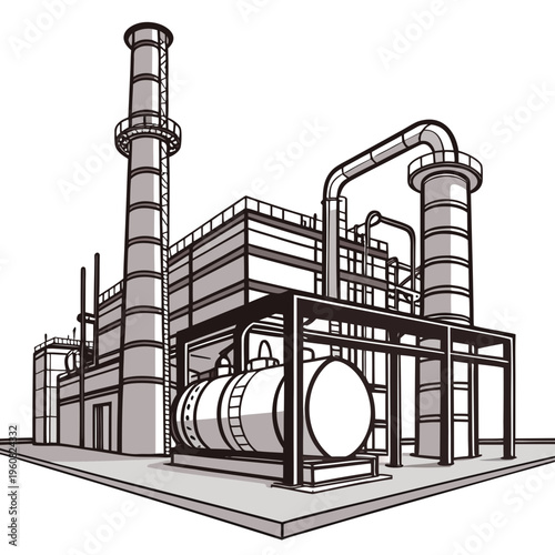 Industrial factory building with smokestacks and pipes