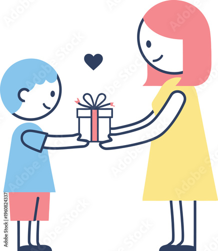 Young son happily gives a small wrapped gift box tied with a bow to his smiling mother in a gesture of appreciation.