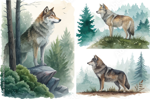 set of Watercolor Wolf Painting, Wild Forest Animal vector illustration isolated on white background