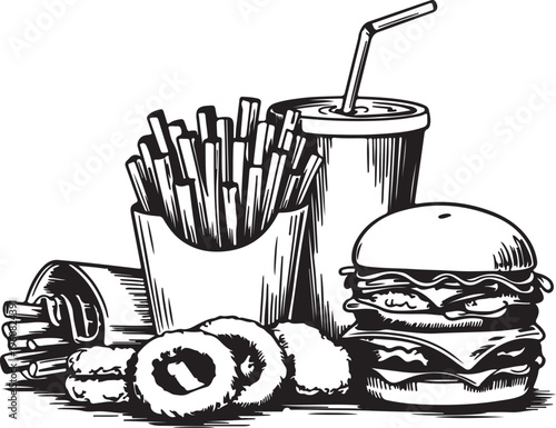 Detailed vintage style fast food illustration with burger fries soft drink onion rings and nuggets on grid base