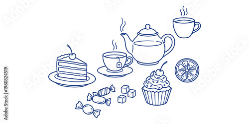 Flat vector illustration of tea time items, teapot, teacups, cake, cupcake, candies, citrus fruit, sweet dessert artwork