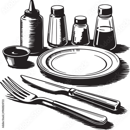 Dining table setting with plate fork knife and condiment bottles in hand drawn style on transparent background