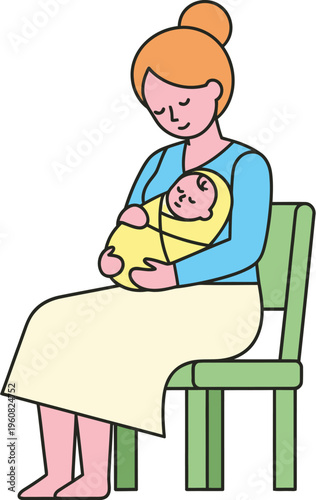 Mother securely holds a swaddled newborn baby while sitting on a simple green chair in a nurturing moment.