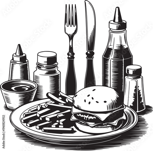 Fast food with hamburger and french fries in a plate with sauces and cutlery in engraved style