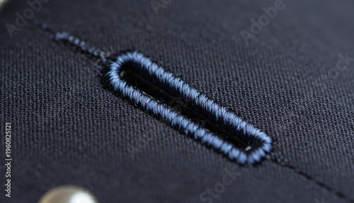 Hand stitched Milanese buttonhole on navy blue wool suit lapel macro