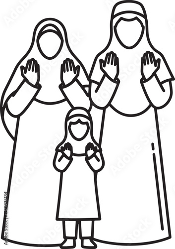 Muslim Family Praying Dua Together - Father Mother Child Standing Supplication Islamic Line Art Vector Illustration
