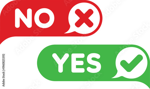 Red speech bubble with no text and a cross mark, green speech bubble with yes text and a check mark
