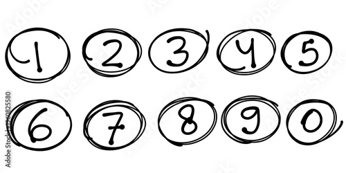 Hand-drawn symbols of numbers from 0 to 9. Doodle-style numbers.