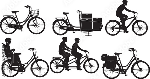 Silhouettes of people riding bicycles in various styles freely