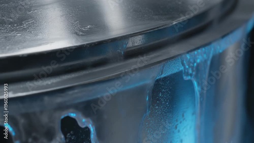 Water flowing over metal surface with blue light reflections