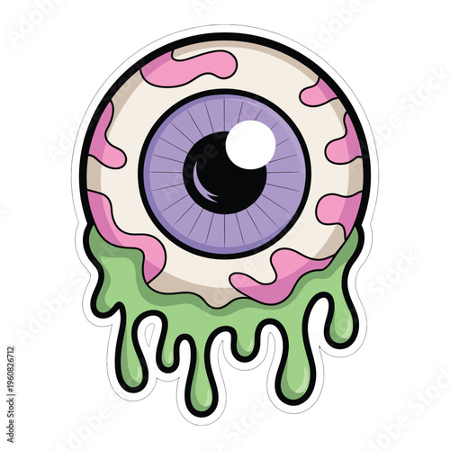 A cartoon eyeball with purple iris and green slime dripping from it.