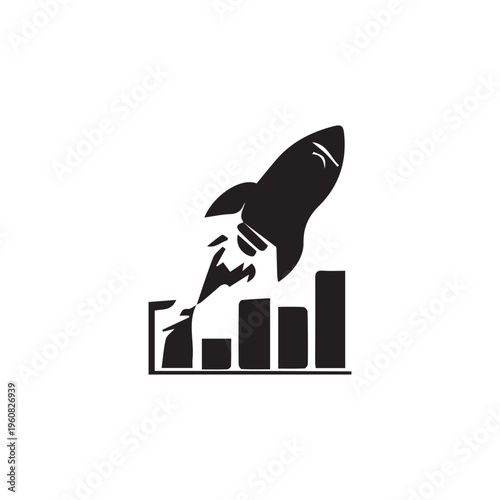 Minimalist vector of a rocket launching over a growth bar chart. Modern black and white illustration for business startup, success, and rapid growth.
