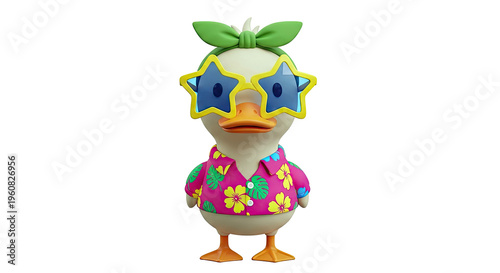 Cartoon Duck Wearing Star Sunglasses and Hawaiian Shirt