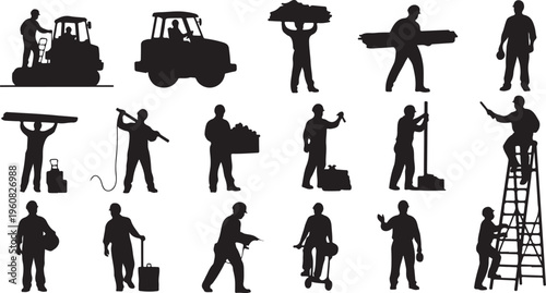 Silhouettes of construction workers in various tasks and actions