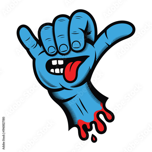 Blue zombie hand shaka sign, vector illustration of bloody gesture with tongue.