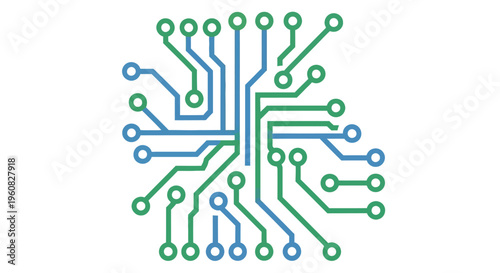 Abstract circuit board design with interconnected lines and nodes in blue and green