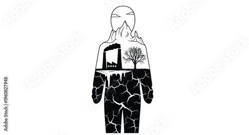 A human silhouette filled with landscape imagery depicting environmental impact