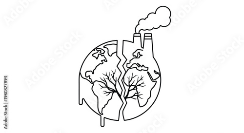 A fractured earth with a smoking factory symbolizing environmental damage and pollution