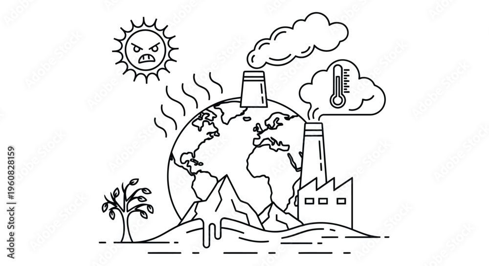 Fototapeta premium Global warming illustration depicting pollution rising temperatures and environmental damage
