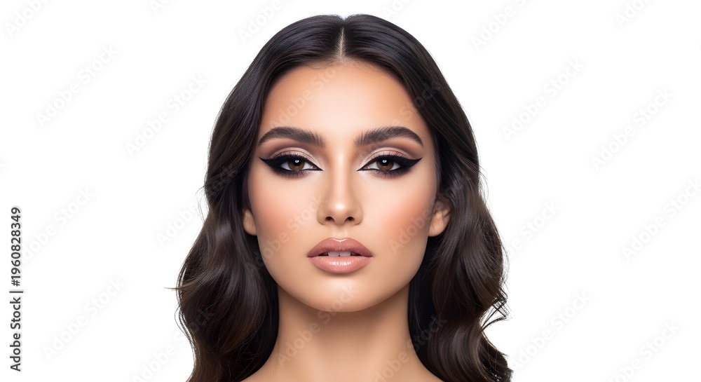 Naklejka premium Beautiful Woman with Dramatic Makeup on White Background