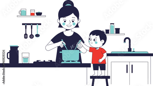 A mother and son prepare food together in a kitchen, illustrating family bonding and shared activities.