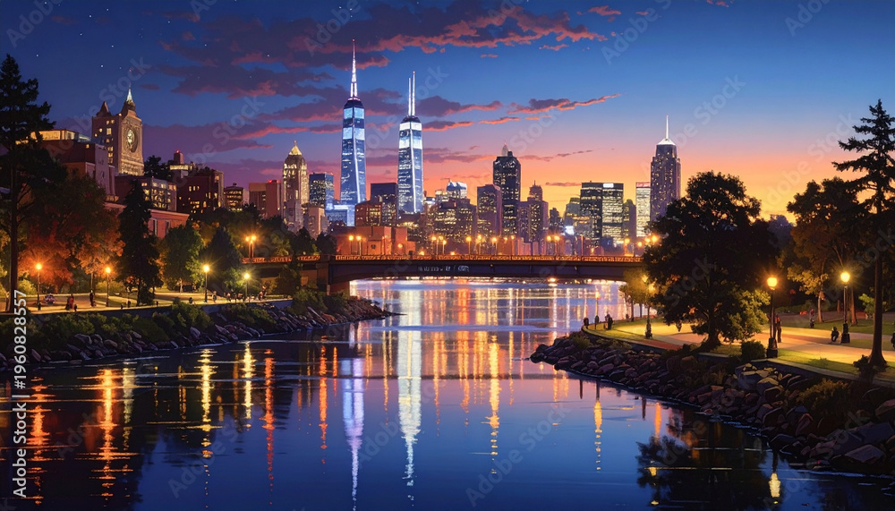 Obraz premium Riverfront City Skyline at Sunset with Bridge and Reflected Lights