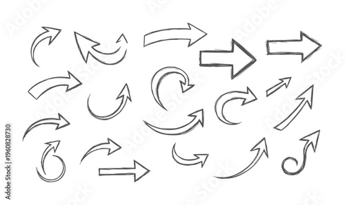 Hand drawn black curved and looped arrows set white handdrawn