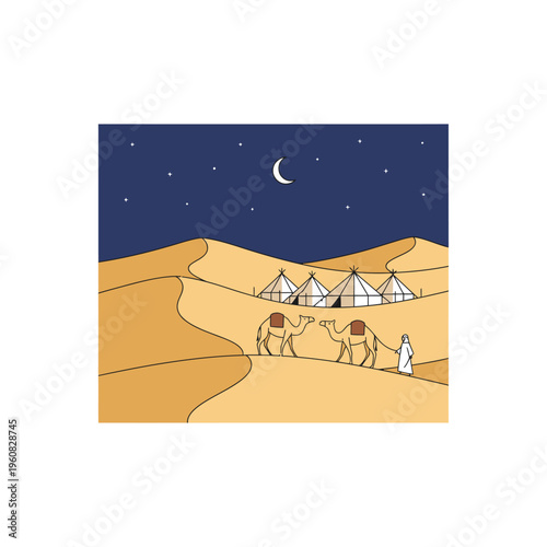 Desert Caravan with Camels and Tents Under the Moon.